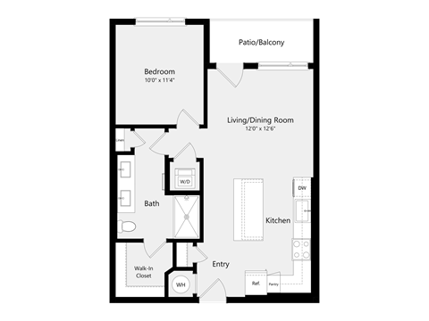 Floor plan for 1 bed, 1 bath, 675 sqft